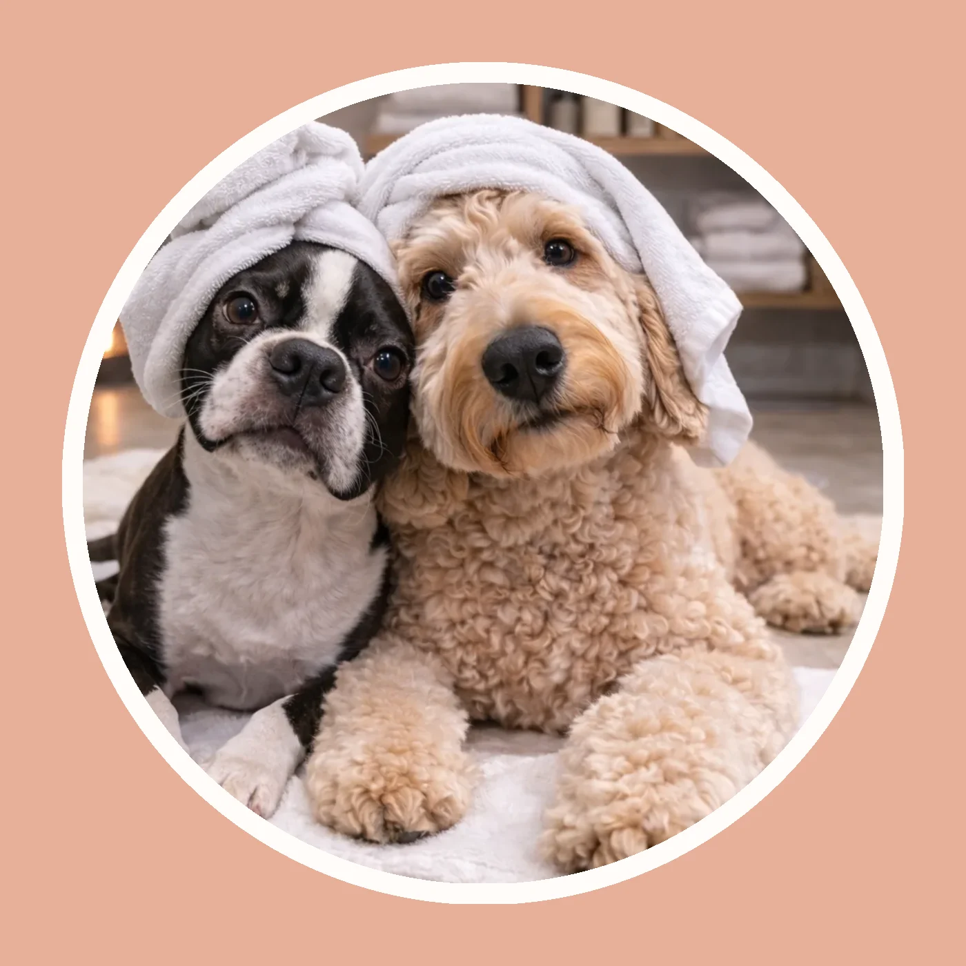 Deux chiens sur un fond corail Museau